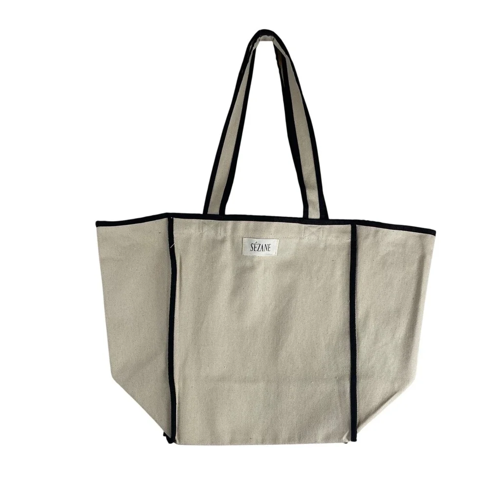 Sezane Canvas Tote Bag Cream Ecru Black Contrast Trim Oversized Shopper Bag